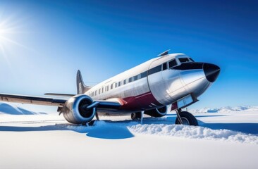 Close-up. A small old plane stands on the snow in a mountainous area.  Expedition to the north. Airplane flights to hard-to-reach places.