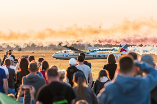 Leszno, Poland - June, 22, 2024: Antidotum Airshow Leszno, Red Bull Blanix-Team LET L-13 Blanik plane. After the show, the pilot landed at the airport in front of the audience.