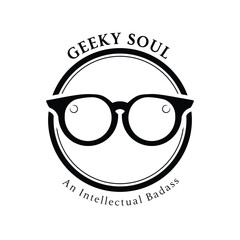 Monochrome vector logo featuring a pair of thick, round glasses within a double circle frame. 