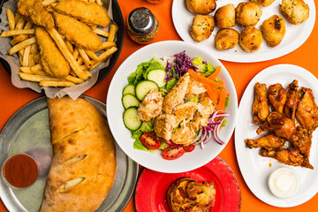 Pizzeria food flat lay composition