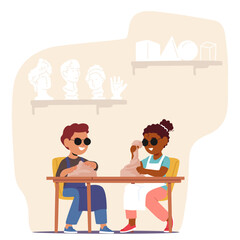 Children With Disabilities Are Engaged In An Art Activity, Sculpting Clay Figures. Blind Kids Sharing A Creative Moment