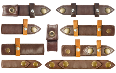 Isolated png photo of brown colored leather straps with holders and brass rivets or buttons on transparent background.