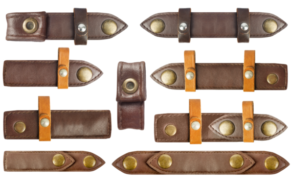 Isolated png photo of brown colored leather straps with holders and brass rivets or buttons on transparent background.
