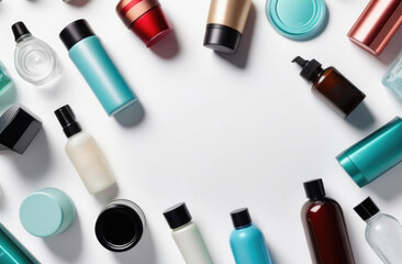 Obraz premium Top view of many multi-colored jars of skincare products without inscriptions on a white background with space for an inscription.