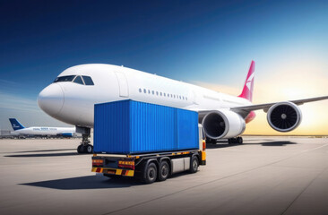 A car with a blue trailer stands at the plane for loading. Airplane flight, cargo transportation