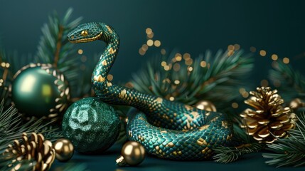 Fototapeta premium Green wooden snake with Christmas decorations and holiday decor. Symbol of Chinese New Year 2025.