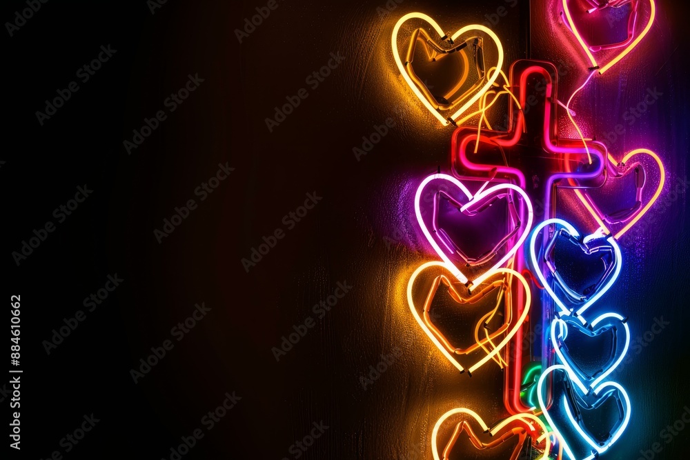 Poster vibrant array of neon heartshaped lights in multiple colors, glowing against a dark backdrop