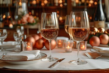 Elegant table setting with wine glasses, candles, and a bottle in a festive atmosphere.
