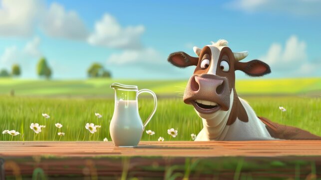 Funny cow admiring a jug of fresh milk in a sunny meadow. Cartoonish style image with a playful tone for children's content.