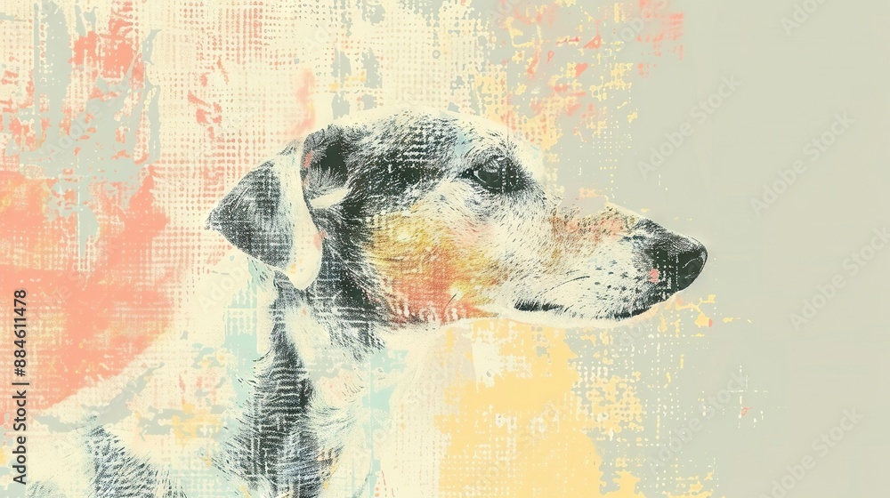 Wall mural   A painting of a dog's face on a pastel background with shades of orange, yellow, and pink