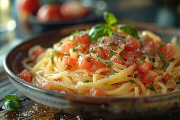 Fresh pasta with juicy tomatoes and herbs. Simple yet mouthwatering Italian dish in a rustic bowl.