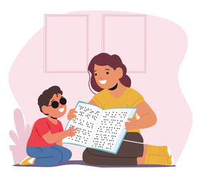 Special Needs Student Reading A Braille Book With A Teacher, Fostering Education And Inclusion, Cartoon Vector Scene