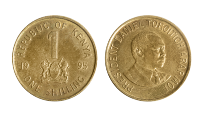Isolated png photo of 1 Kenya 1995 shilling brass coated steel coin of Republic of Kenya 1966-2018 on transparent background.