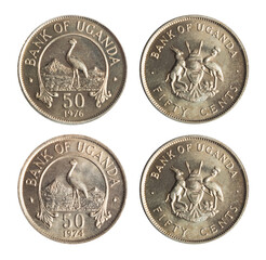 Isolated png photo of 50 Uganda 1974 and 1976 cent copper-nickel plated steel coins of Republic of...