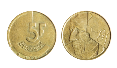 Isolated png photo of 5 Belgium francs 1993 nickel bronze coin of Baudouin 1 ruler on transparent background.