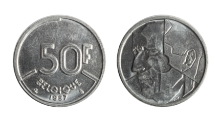 Isolated png photo of 50 Belgium 1987 francs nickel coin of Baudouin 1 ruler on transparent background.