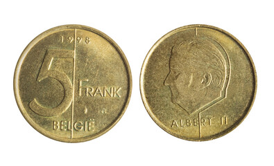 Isolated png photo of 5 Belgium 1998 franc aluminium-bronze coin of King Albert 2 on transparent background.