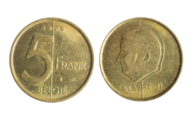 Isolated png photo of 5 Belgium 1998 franc aluminium-bronze coin of King Albert 2 on transparent background.