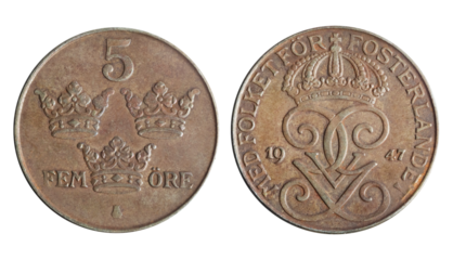 Isolated png photo of 5 Sweden 1947 ore bronze coin of King Gustav 5th on transparent background.