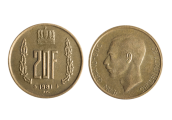 Isolated png photo of 20 Luxembourg 1981 franc bronze coin of Grand Duke Jean ruler on transparent background.