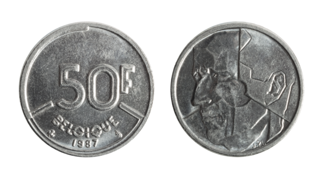 Isolated png photo of 50 Belgium 1987 francs nickel coin of Baudouin 1 ruler on transparent background.