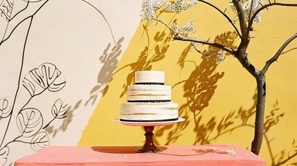 Obraz premium A white and black cake rests on a pink table beside a white-flowered tree