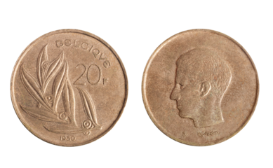 Isolated png photo of 20 Belgium 1980 franc nickel-bronze coin of Baudouin 1 ruler on transparent background.