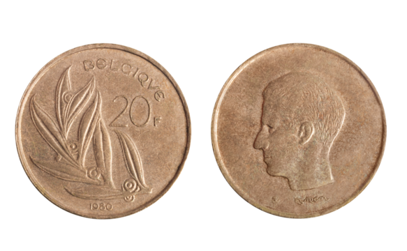 Isolated png photo of 20 Belgium 1980 franc nickel-bronze coin of Baudouin 1 ruler on transparent background.