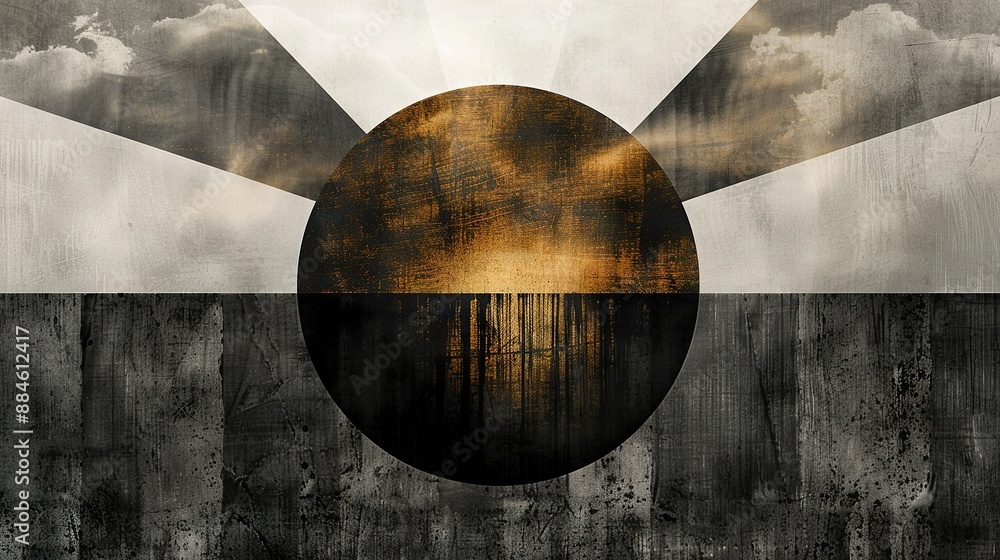 Poster a painting featuring a spherical object surrounded by a cloudy sky background