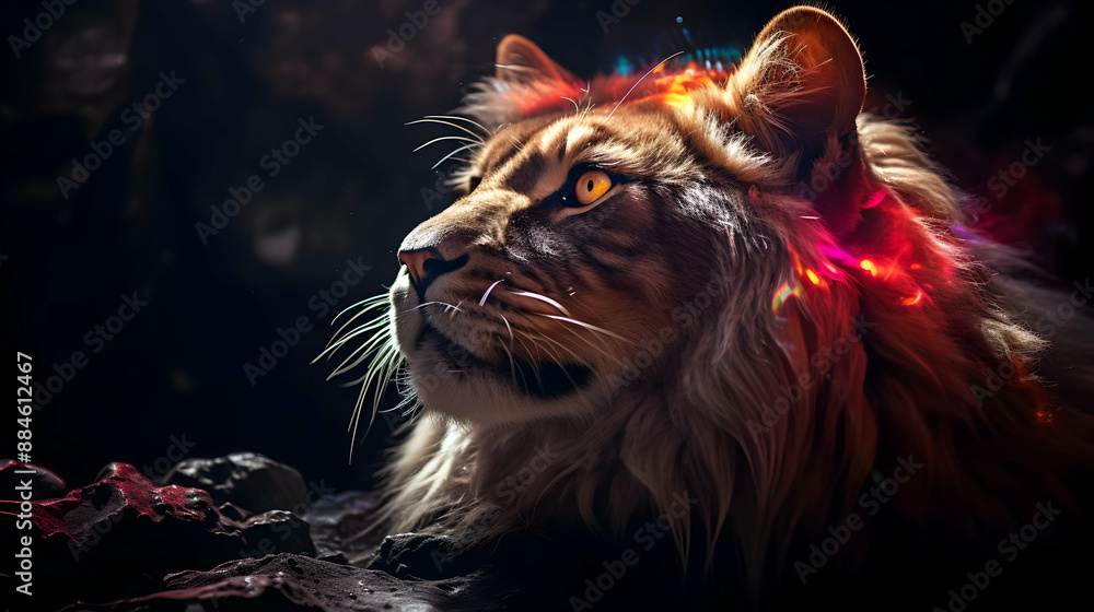 Canvas Prints Lion Portrait with Colorful Glowing Fur - Realistic Image