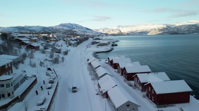 Winter aerial video in nature in &Oslash;vre-Alta, Finnmark, Norway.