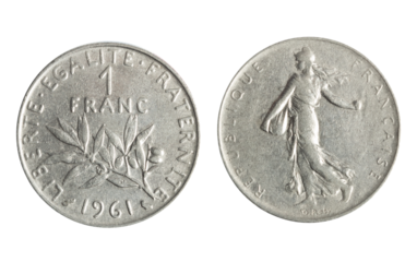 Isolated png photo of 1 French 1961 franc nickel coin of Fifth Republic 1959-2002 on transparent background.