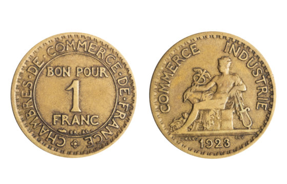 Isolated png photo of 1 French 1923 franc aluminium-bronze coin of Third Republic 1870-1941 on transparent background.