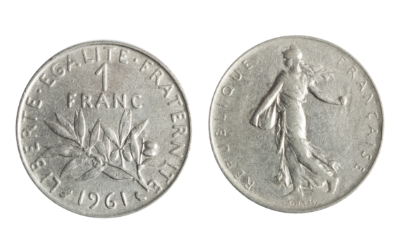 Isolated png photo of 1 French 1961 franc nickel coin of Fifth Republic 1959-2002 on transparent background.