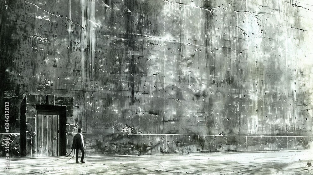 Poster monochrome portrait of a man posing before a structure adorned with graffiti
