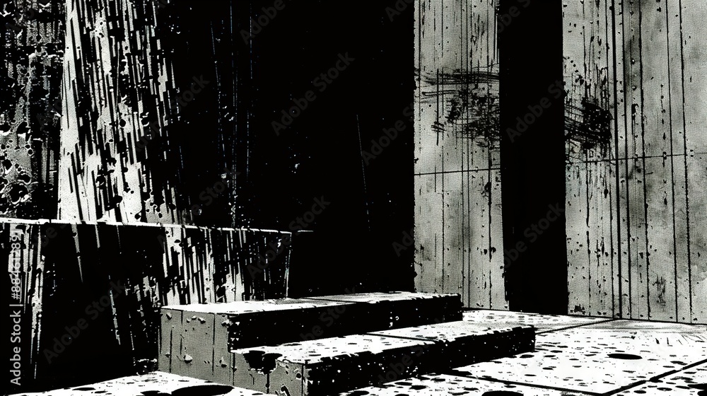 Poster a monochrome image portrays a sequence of steps leading to a structure with fading wall paint