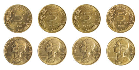 Isolated png photo of 5 French 1971, 1978, 1988 and 1998 centimes aluminium-bronze coins of Fifth Republic 1959-2002 on transparent background.