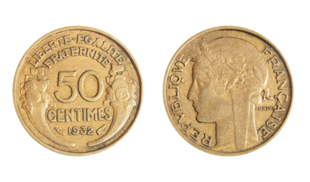 Isolated png photo of 25 Luxembourg 1954 centimes aluminium coin of Grand Duke Jean 1964-1999 on transparent background.