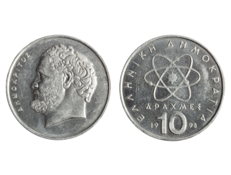 Isolated png photo of 10 Greek 1998 drachmas copper-nickel coin of Third Hellenic Republic on transparent background.