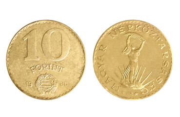 Isolated png photo of 10 Hungarian 1986 forint aluminium-bronze coin of Peoples Republic 1946-1989...