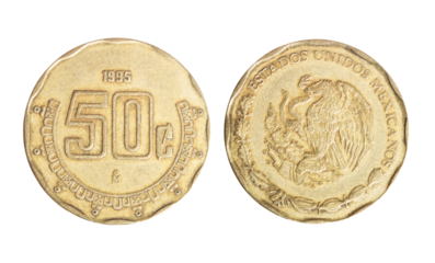Isolated png photo of 50 Mexican 1995 centavos aluminium-bronze coins on transparent background.