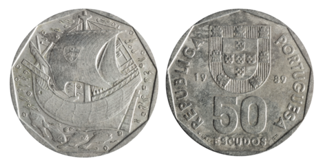 Isolated png photo of 50 Portugal 1989 escudos copper-nickel coin of Portuguese Republic 1986-2001 on transparent background.