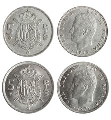 Isolated png photo of 5 Spanish 1975 pesetas copper-nickel coin of King Juan Carlos 1 on transparent background.