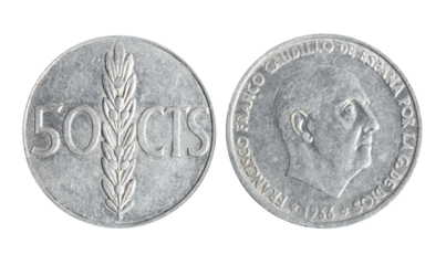 Isolated png photo of 50 Spanish 1966 centimos aluminium on transparent background.