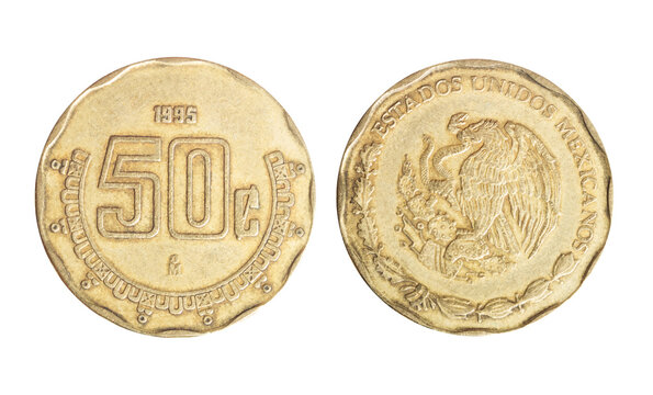 Isolated png photo of 50 Mexican 1995 centavos aluminium-bronze coins on transparent background.