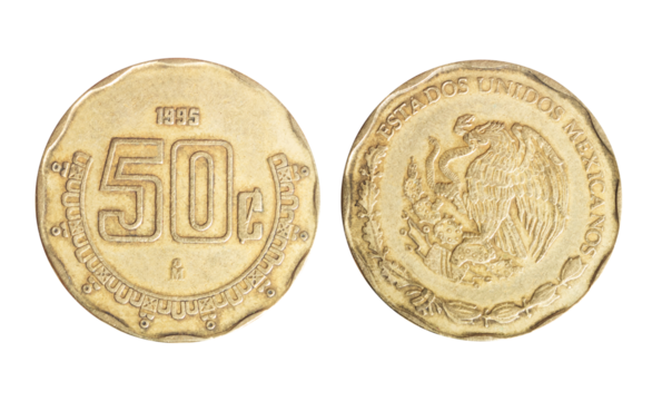 Isolated png photo of 50 Mexican 1995 centavos aluminium-bronze coins on transparent background.