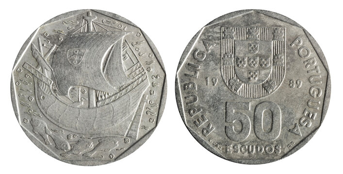 Isolated png photo of 50 Portugal 1989 escudos copper-nickel coin of Portuguese Republic 1986-2001 on transparent background.