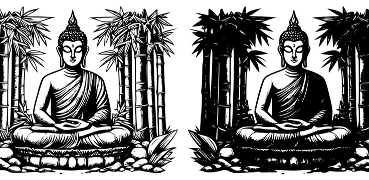 Two vector drawings of buddha figure sitting in bamboo forrest