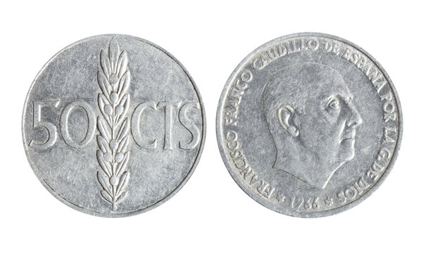 Isolated png photo of 50 Spanish 1966 centimos aluminium on transparent background.