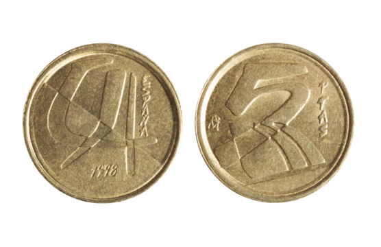 Isolated png photo of 5 Spanish 1998 pesetas aluminium-bronze coin of King Juan Carlos 1 on transparent background.